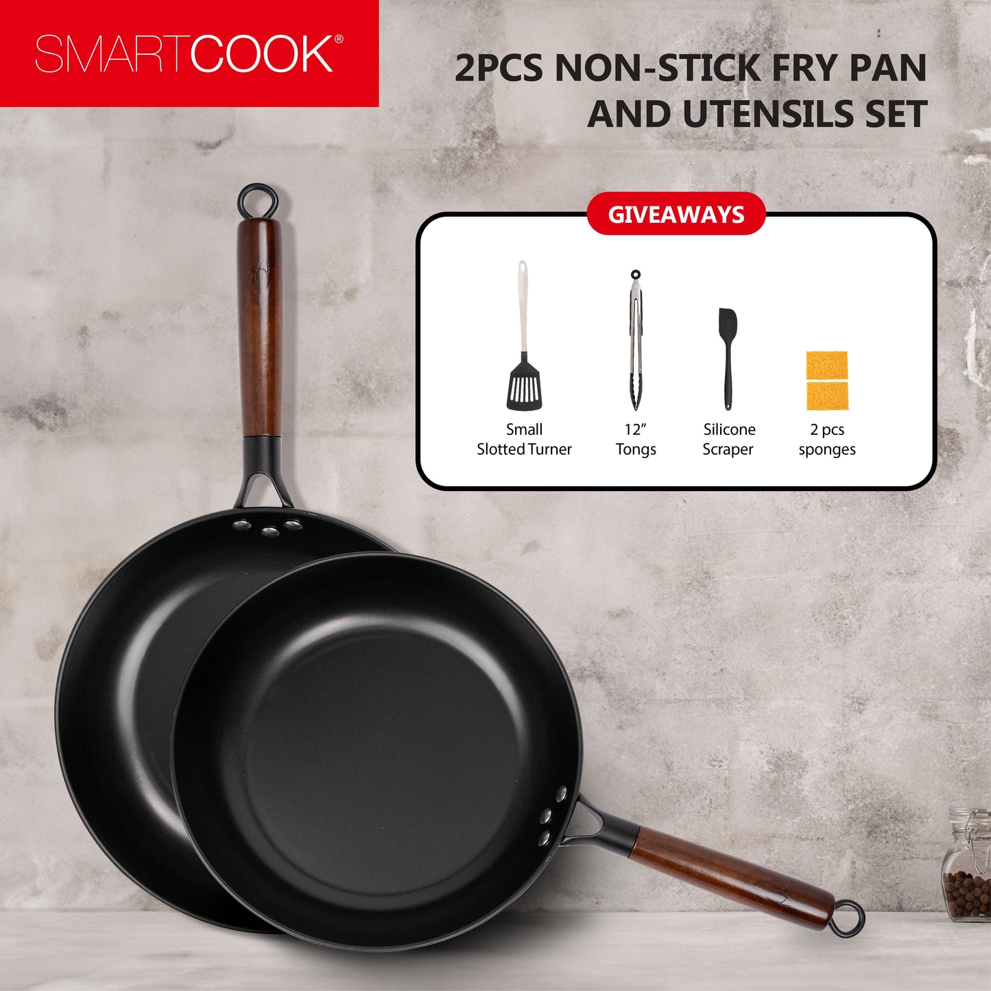 SmartCook 10",12 "Non-Stick Frying Pan and Utensils Set, Wok Pan, Sauté Pan, Chefs Pan, Non-Stick Skillet Pan for Cooking,  Foodi , Perfect for Stove-Tops, Non Toxic Cookware Set, Bakelite Handle pots and