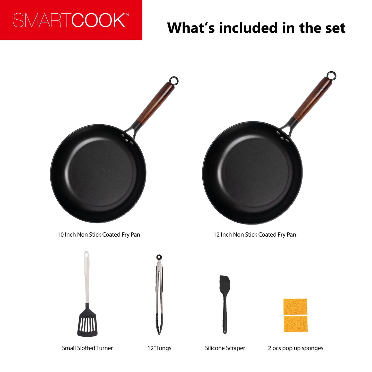 SmartCook 10",12 "Non-Stick Frying Pan and Utensils Set, Wok Pan, Sauté Pan, Chefs Pan, Non-Stick Skillet Pan for Cooking,  Foodi , Perfect for Stove-Tops, Non Toxic Cookware Set, Bakelite Handle pots and