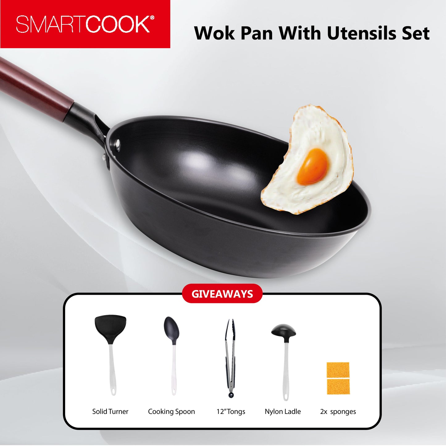 SmartCook 11" Carbon Steel Wok Pan With Utensils Set, Frying  Pan, Compatible with All Stovetops, Dishwasher Safe, Oven Safe, Stovetop Cooking, Bakelite Handle,Skillet Lightweight, Durable pots and