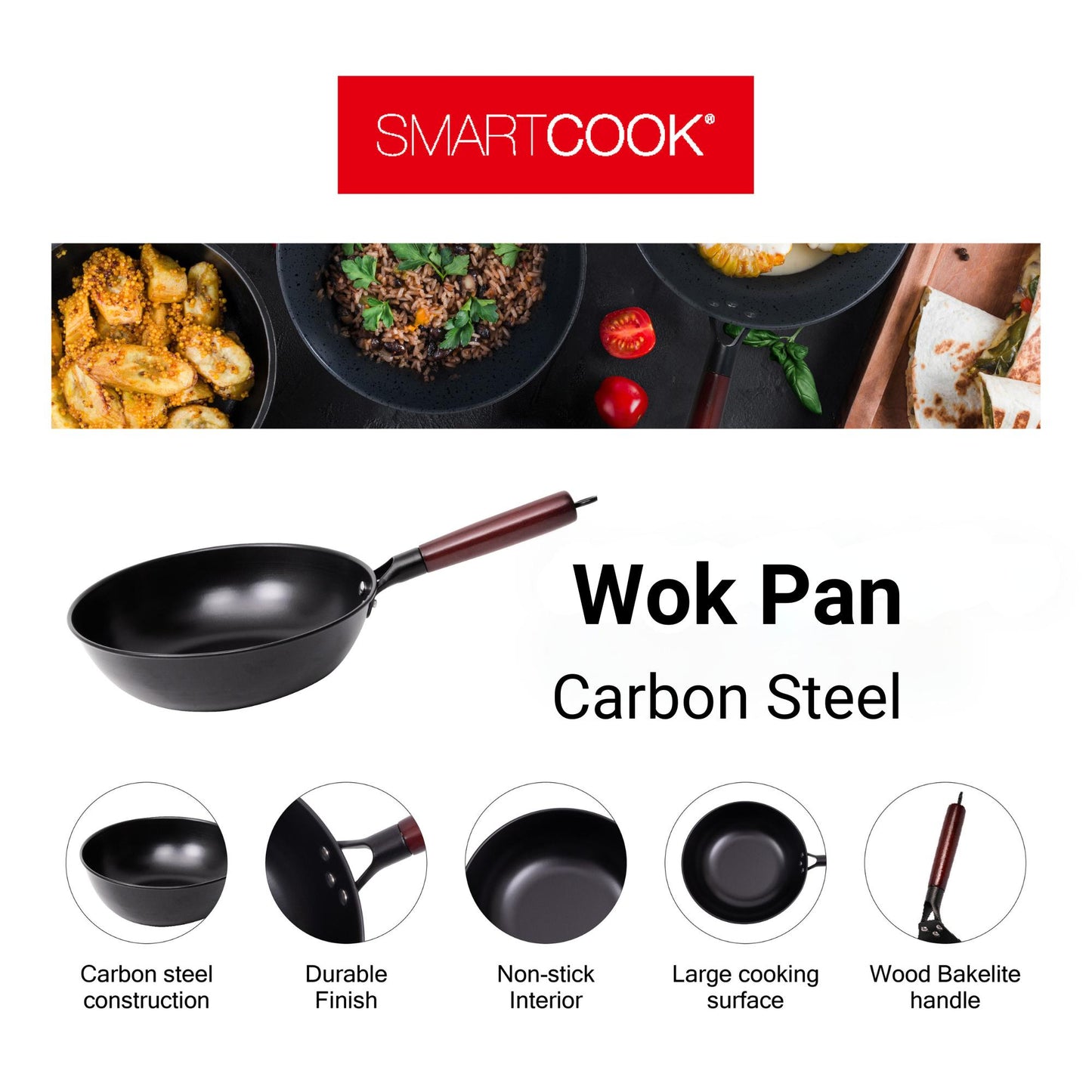 SmartCook 11" Carbon Steel Wok Pan With Utensils Set, Frying  Pan, Compatible with All Stovetops, Dishwasher Safe, Oven Safe, Stovetop Cooking, Bakelite Handle,Skillet Lightweight, Durable pots and