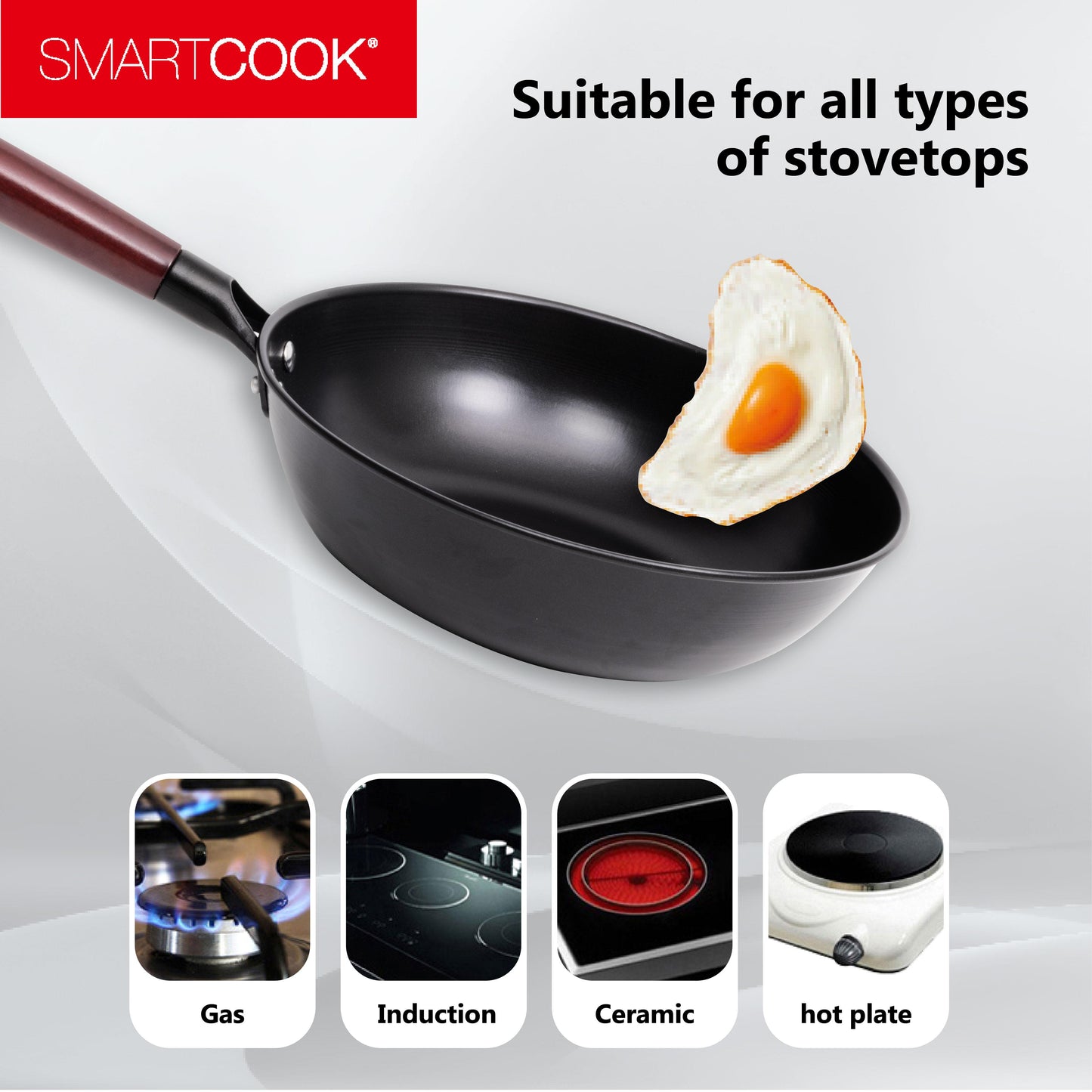 SmartCook 11" Carbon Steel Wok Pan With Utensils Set, Frying  Pan, Compatible with All Stovetops, Dishwasher Safe, Oven Safe, Stovetop Cooking, Bakelite Handle,Skillet Lightweight, Durable pots and