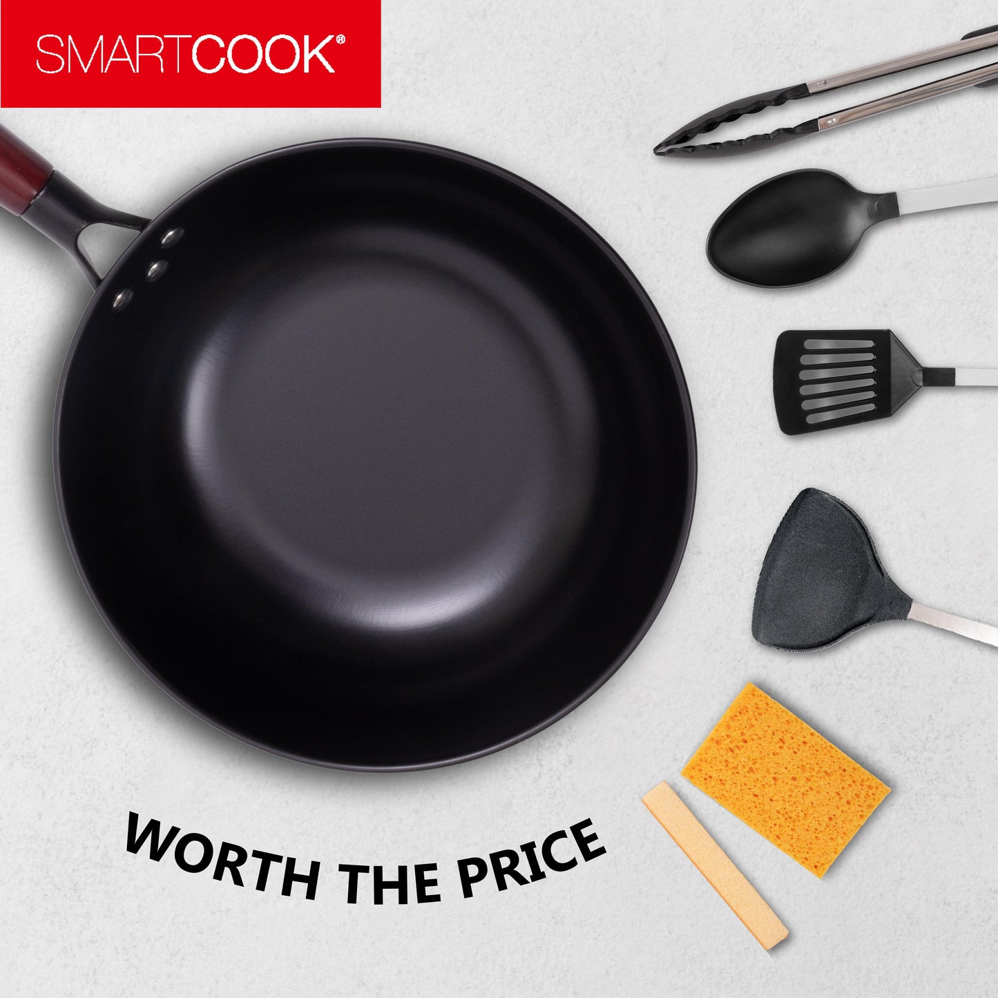 SmartCook 11" Carbon Steel Wok Pan With Utensils Set, Frying  Pan, Compatible with All Stovetops, Dishwasher Safe, Oven Safe, Stovetop Cooking, Bakelite Handle,Skillet Lightweight, Durable pots and