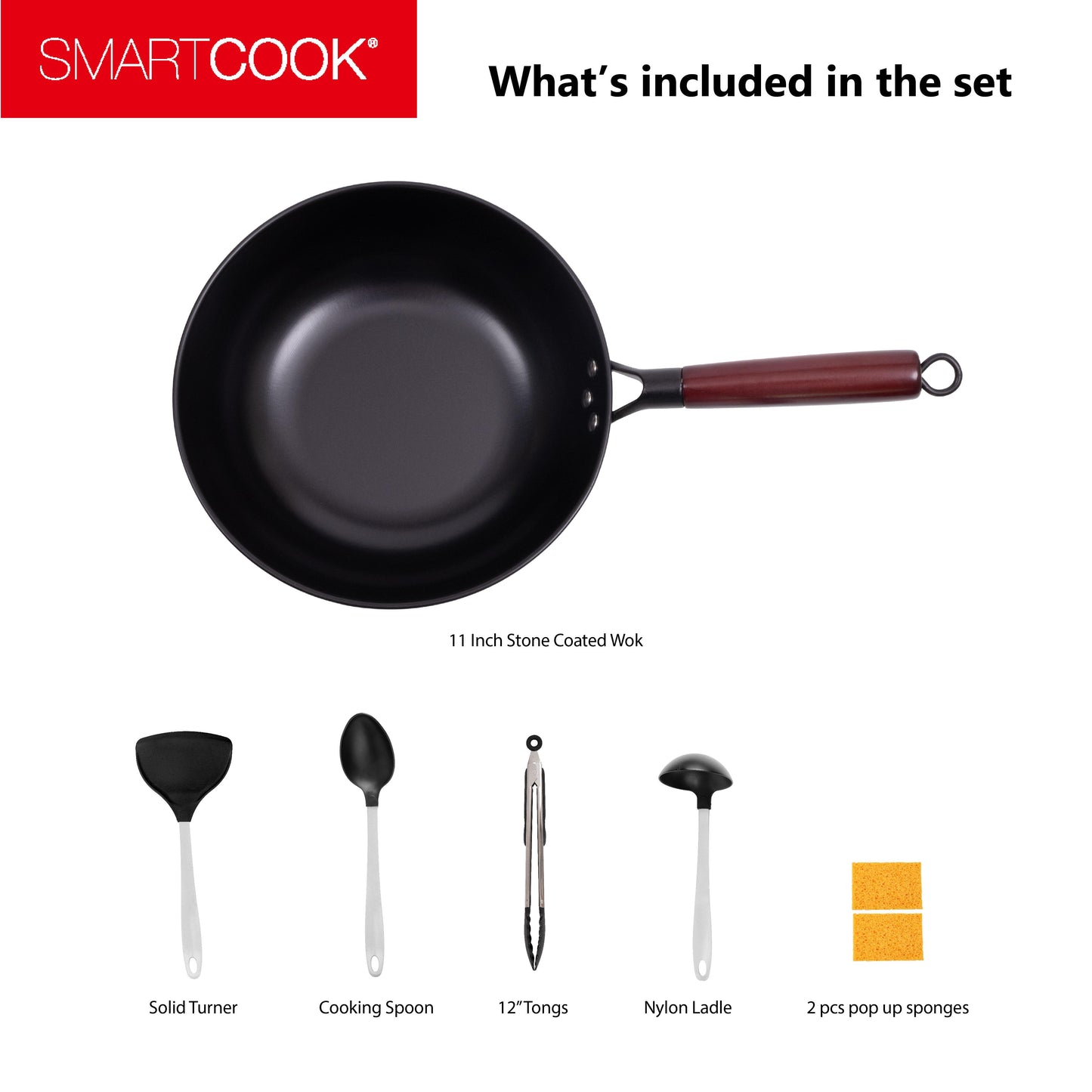 SmartCook 11" Carbon Steel Wok Pan With Utensils Set, Frying  Pan, Compatible with All Stovetops, Dishwasher Safe, Oven Safe, Stovetop Cooking, Bakelite Handle,Skillet Lightweight, Durable pots and