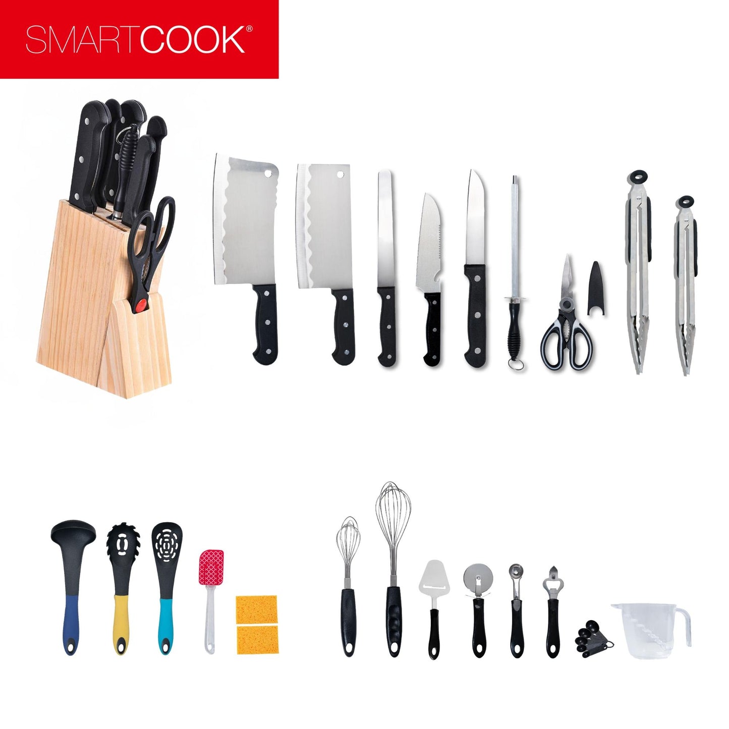 SmartCook 27 Pcs Kitchen Utensils Set with kitchen Knife Block Set with sharpener, Premium Stainless Steel,Cooking Utensils Set, Kitchen Gadgets Tools Set, Lightweight and Strong, Spoon, Ladle, Silicone Whisk and more, Utensils de Cocina