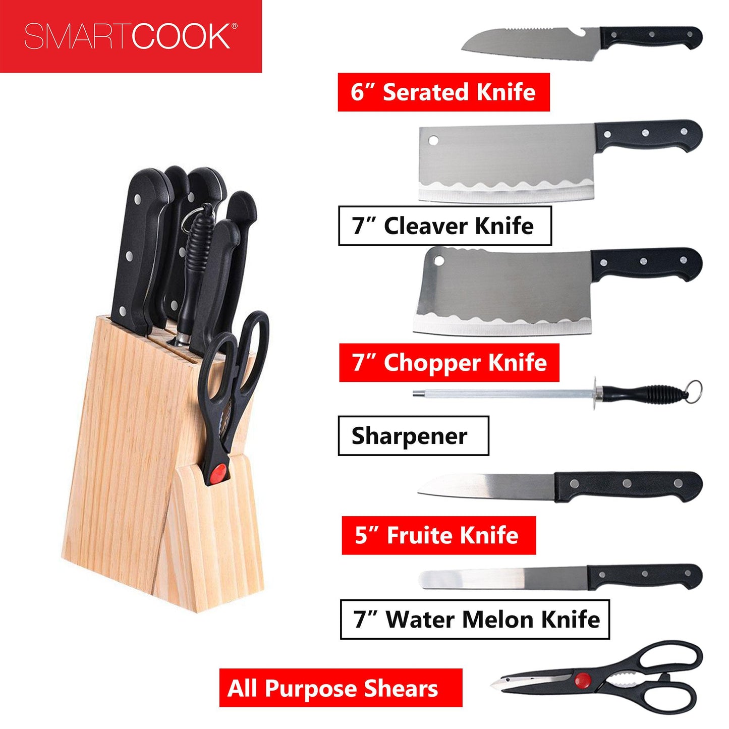 SmartCook 27 Pcs Kitchen Utensils Set with kitchen Knife Block Set with sharpener, Premium Stainless Steel,Cooking Utensils Set, Kitchen Gadgets Tools Set, Lightweight and Strong, Spoon, Ladle, Silicone Whisk and more, Utensils de Cocina