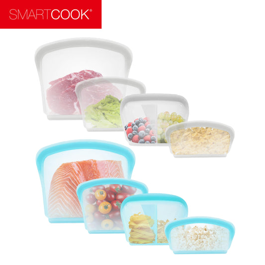 SmartCook 3-Pack Reusable Silicone Food Storage Bag, Food Storage Container, – BPA FREE, Leakproof Freezer Bags, Microwave and Dishwasher Safe, Ideal for Marinate Meats, Cereal, Sandwich, Snack, Travel Items, White/blue Set