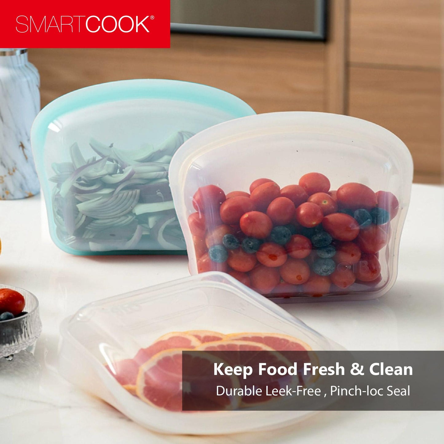 SmartCook 3-Pack Reusable Silicone Food Storage Bag, Food Storage Container, – BPA FREE, Leakproof Freezer Bags, Microwave and Dishwasher Safe, Ideal for Marinate Meats, Cereal, Sandwich, Snack, Travel Items, White/blue Set