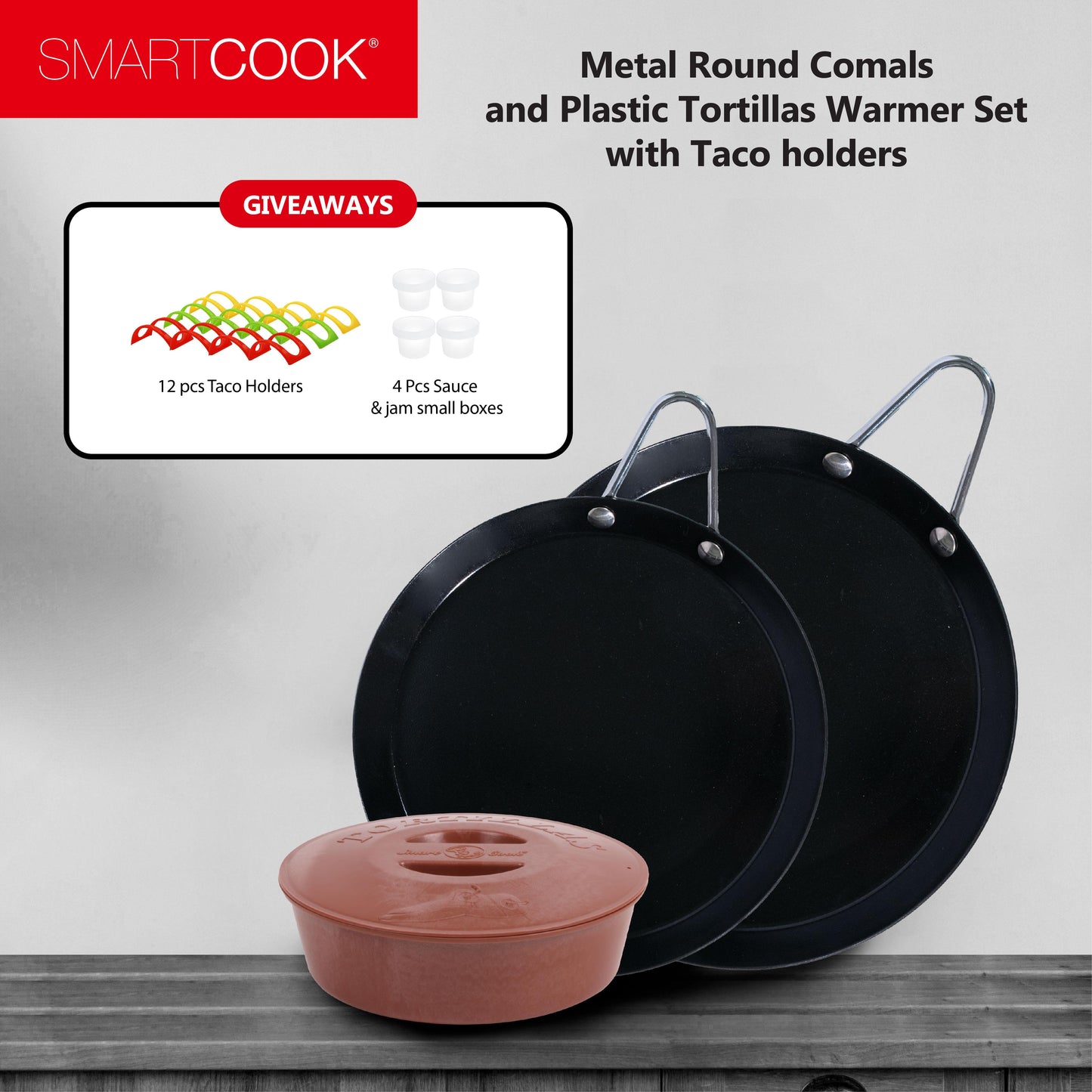 Smartcook 8" ,11 " Metal Round Comals and Plastic Tortillas Warmer Set with Taco holders, Rotis Press, Tortilla Makers, Tortilla Holder, Microwave Safe, Tortilla Server, Tortilla Warmer With Lid ,Kitchen Oven, Jam box