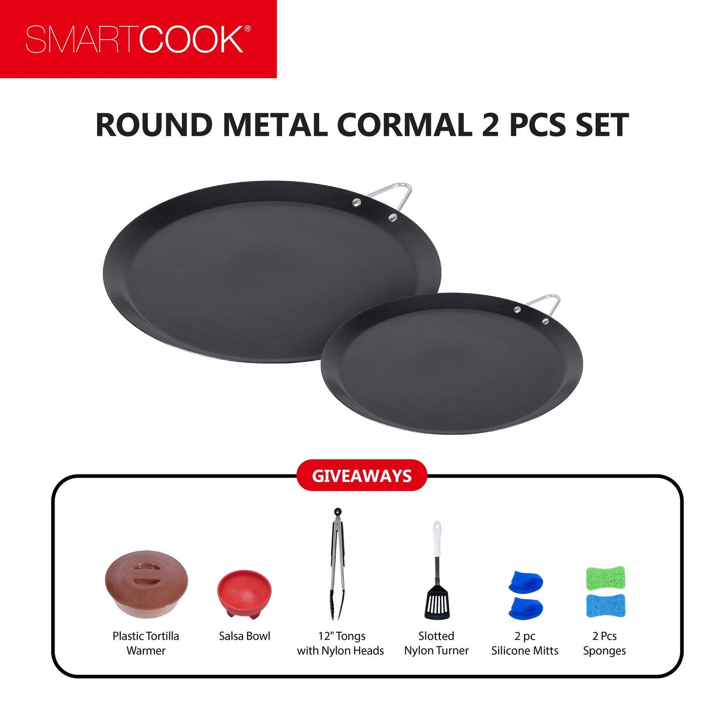 SmartCook 11” & 13” Nonstick  Aluminum Round Comal Pan with, Utensils Set and Taco Warmer –Even-Heating Surface with Durable Metal Handle,Lightweight, Comals para Tortillas, Perfect for All Stove-Tops pots and