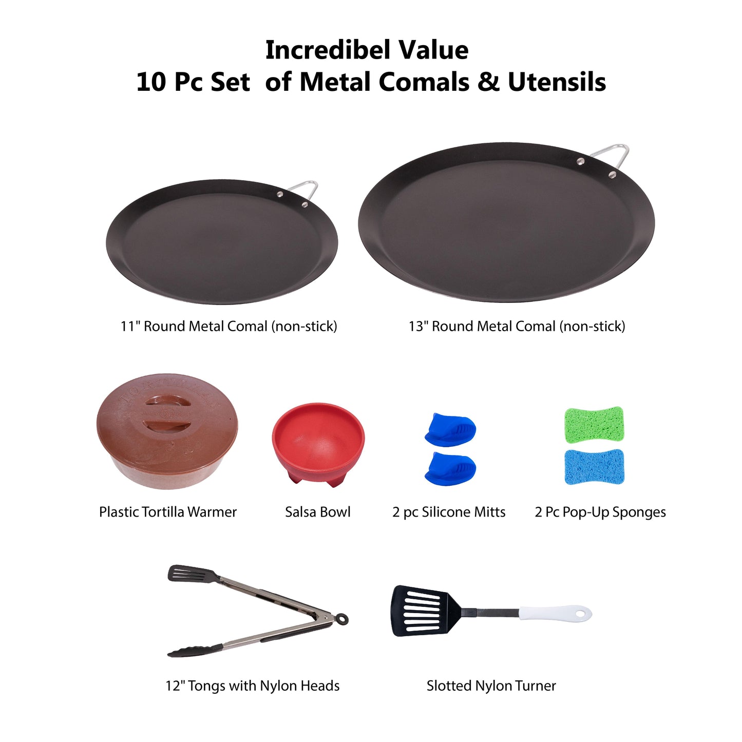 SmartCook 11” & 13” Nonstick  Aluminum Round Comal Pan with, Utensils Set and Taco Warmer –Even-Heating Surface with Durable Metal Handle,Lightweight, Comals para Tortillas, Perfect for All Stove-Tops pots and