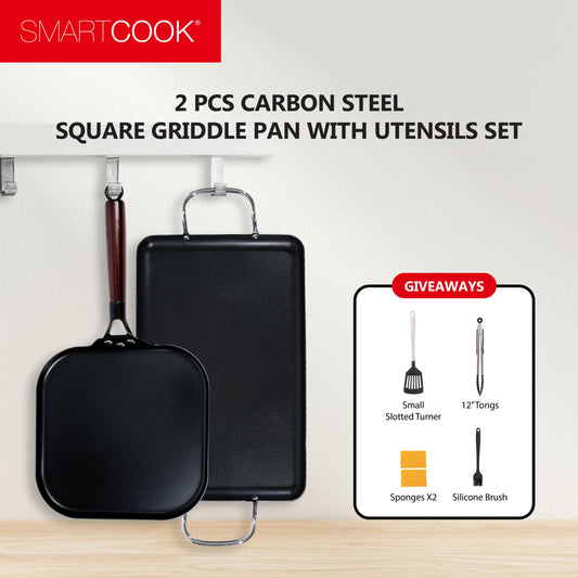 SmartCook Square Griddle Pan/Double Burner Carbon Steel With Utensils Set , Skillets Pan , Durable, Foodi , Perfect for Stove-Tops, Non-Toxic Cookware Set, Bakelite Handle, Cookware set, PFOA Free, Dishwasher Safe cookware pots and