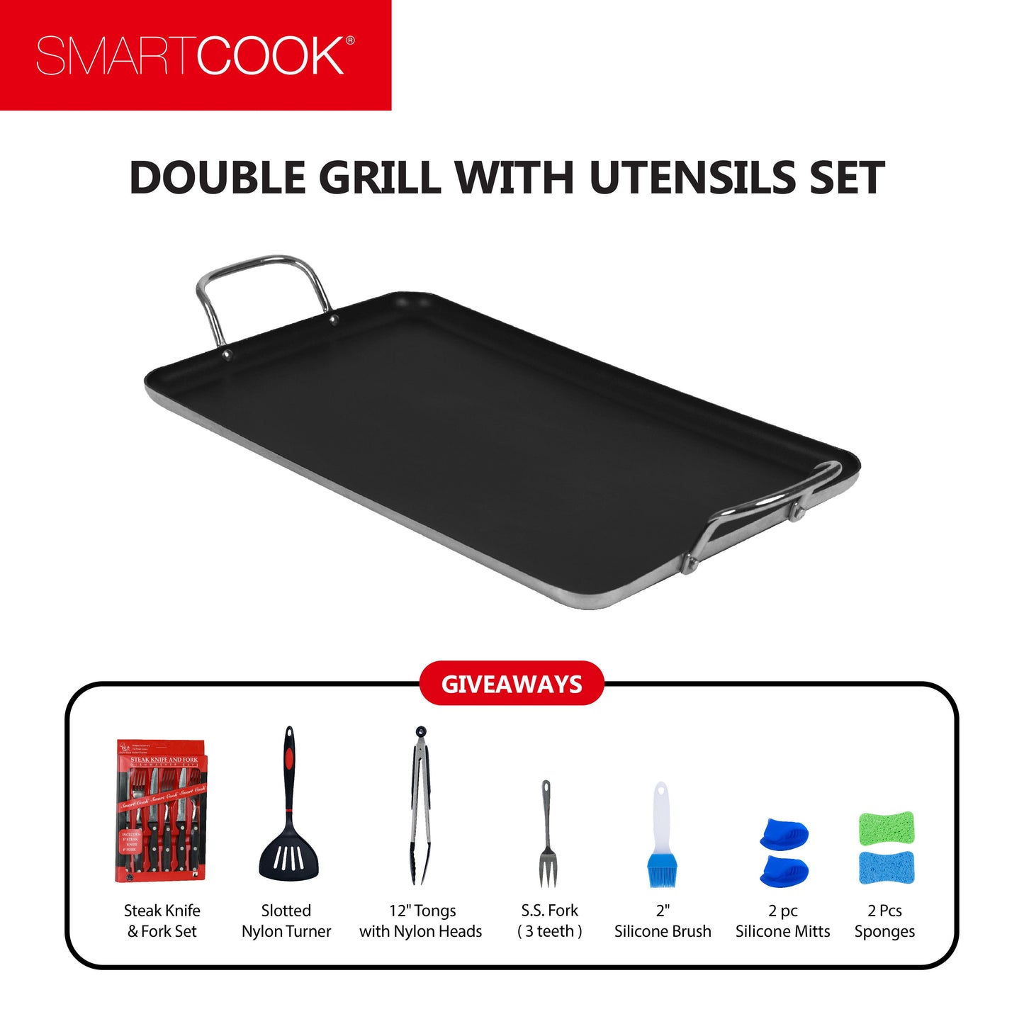 SmartCook Double Burner Griddle/Grill Pan with Utensils Set – Nonstick, Durable, Foodie, Perfect for Stove Tops Cookware Silicone Handles pots and