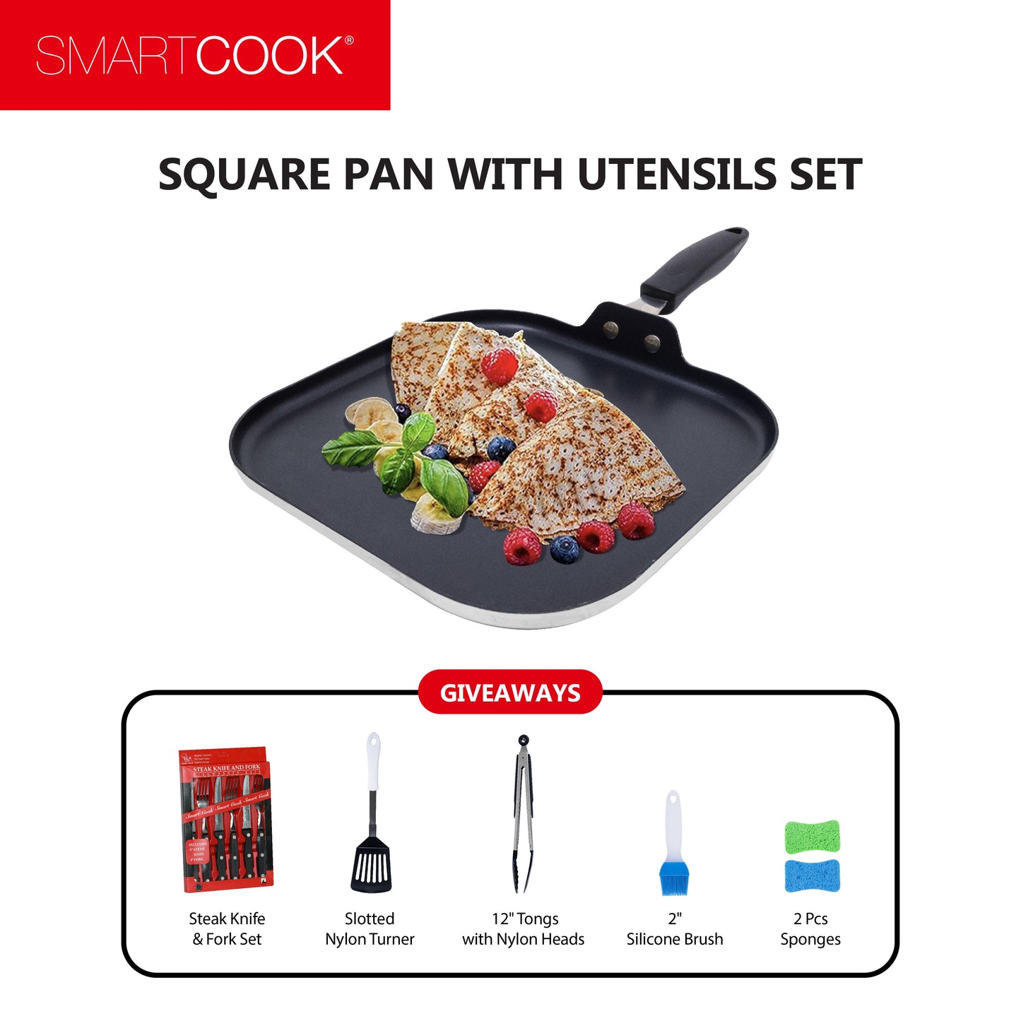 SmartCook 11” Nonstick Square Aluminum Griddle/Grill Pan with Utensils Set , Steak ,Stay Cool Bakelite Handle, Durable, Foodie, Perfect for Stove-Tops pots and