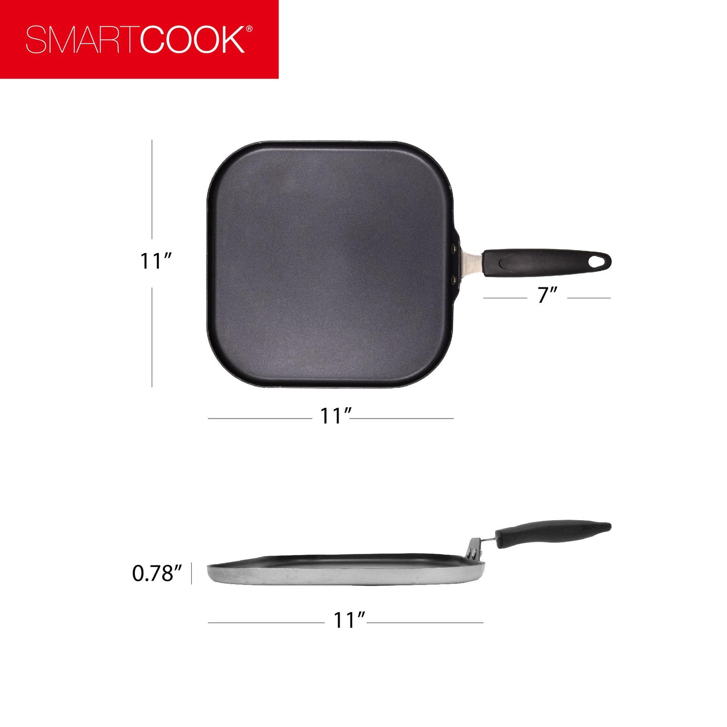 SmartCook 11” Nonstick Square Aluminum Griddle/Grill Pan with Utensils Set , Steak ,Stay Cool Bakelite Handle, Durable, Foodie, Perfect for Stove-Tops pots and