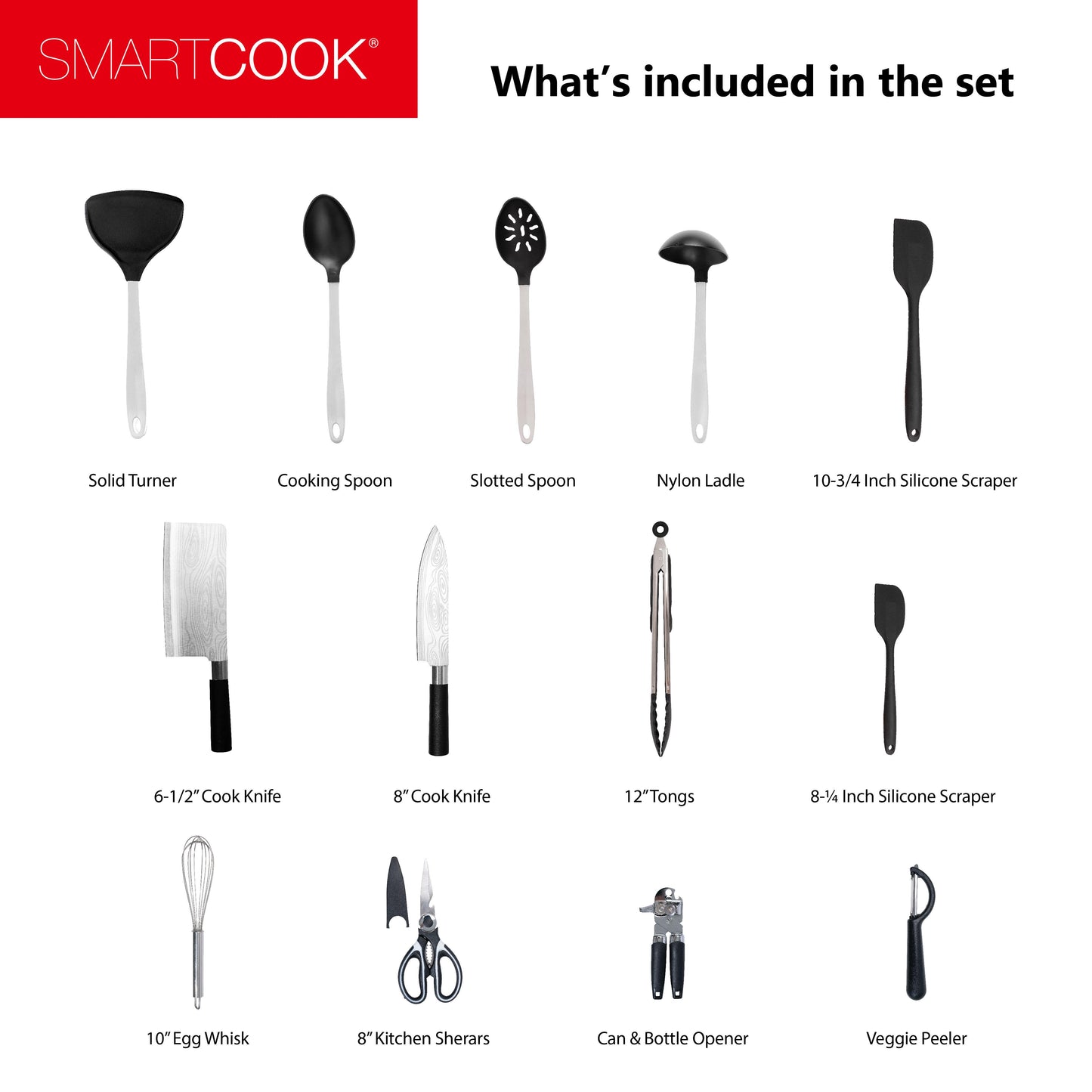 Smartcook 14 pcs Silicone Kitchen Utensils Set, Silicone Cooking, Turner Tongs, Spatula,Spoon, Brush,Whisk, Kitchen Utensil Gadgets Tools Set for Nonstick Cookware, Dishwasher Safe ,Lightweight, Knife, Nylon, Ladle