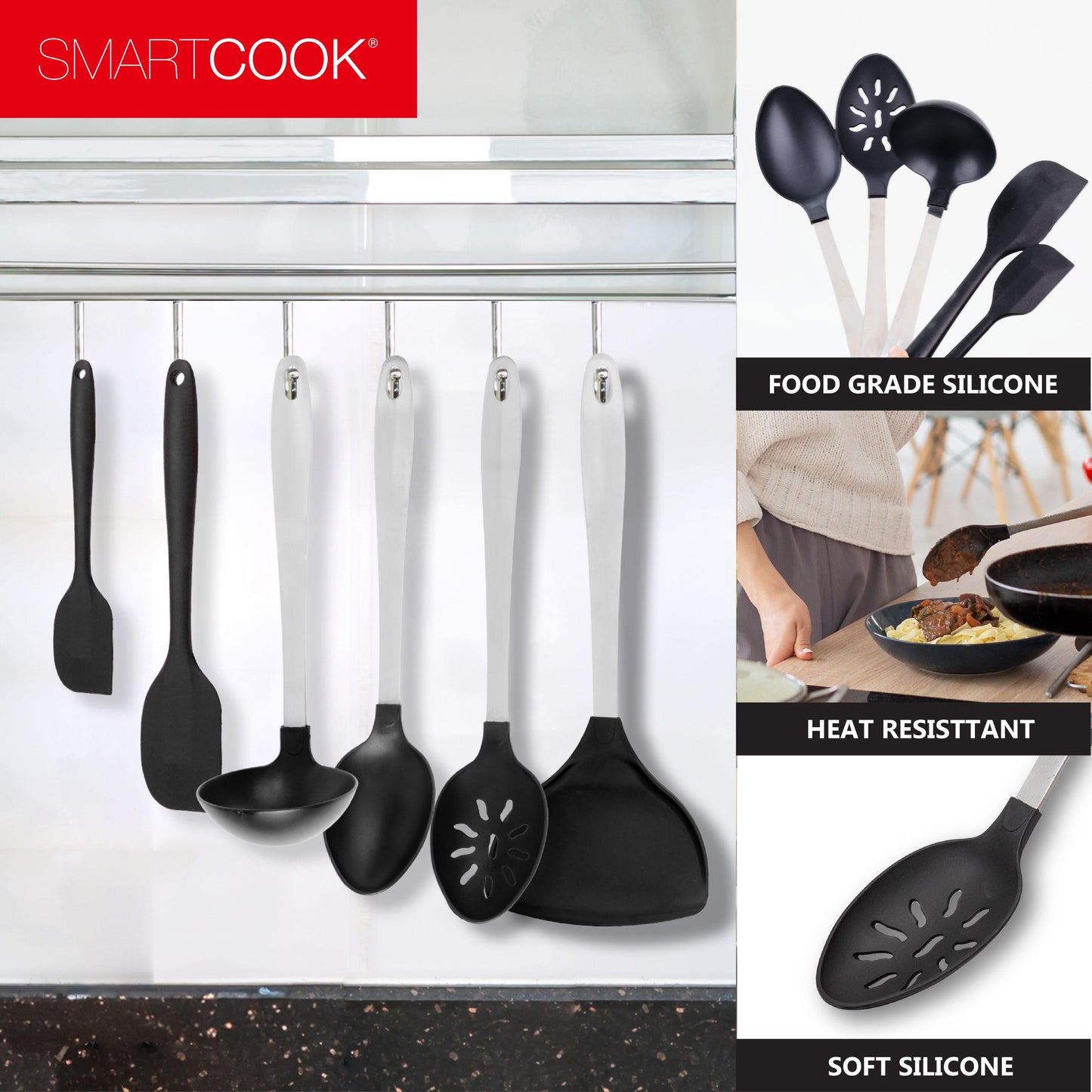 Smartcook 14 pcs Silicone Kitchen Utensils Set, Silicone Cooking, Turner Tongs, Spatula,Spoon, Brush,Whisk, Kitchen Utensil Gadgets Tools Set for Nonstick Cookware, Dishwasher Safe ,Lightweight, Knife, Nylon, Ladle