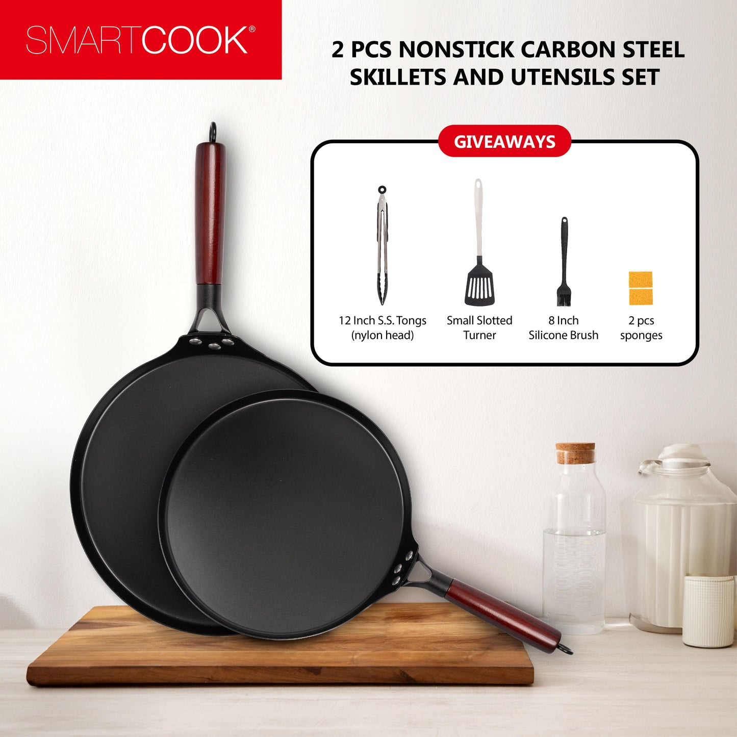 SmartCook 10", 13" Nonstick Carbon Steel Skillets and Utensils set , Durable, Foodi, Perfect for Stove-Tops, Non-Toxic Cookware Set, Griddle with Handle, Omelet Pan, Comal for Tortillas, Crepe Pan pots and