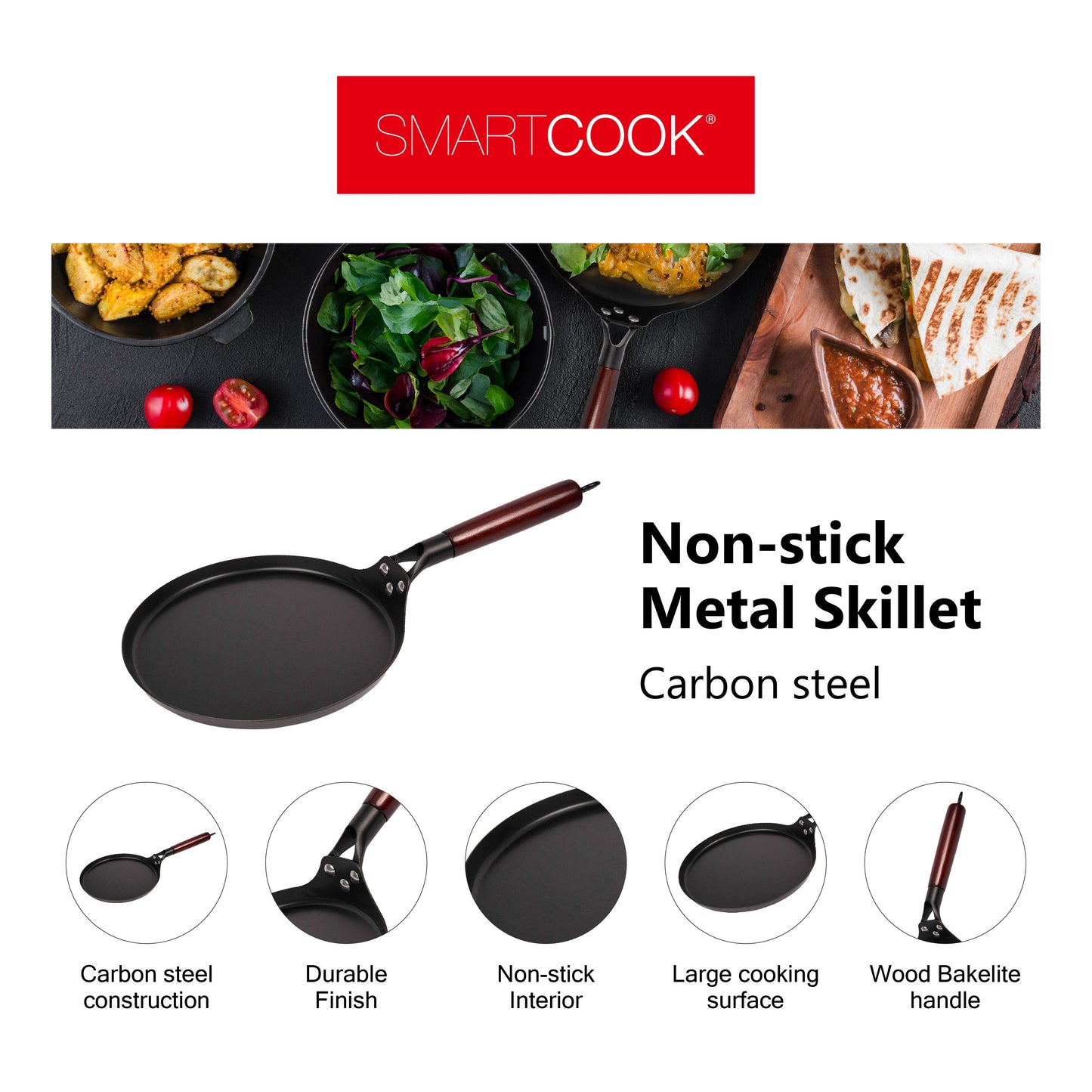 SmartCook 10", 13" Nonstick Carbon Steel Skillets and Utensils set , Durable, Foodi, Perfect for Stove-Tops, Non-Toxic Cookware Set, Griddle with Handle, Omelet Pan, Comal for Tortillas, Crepe Pan pots and