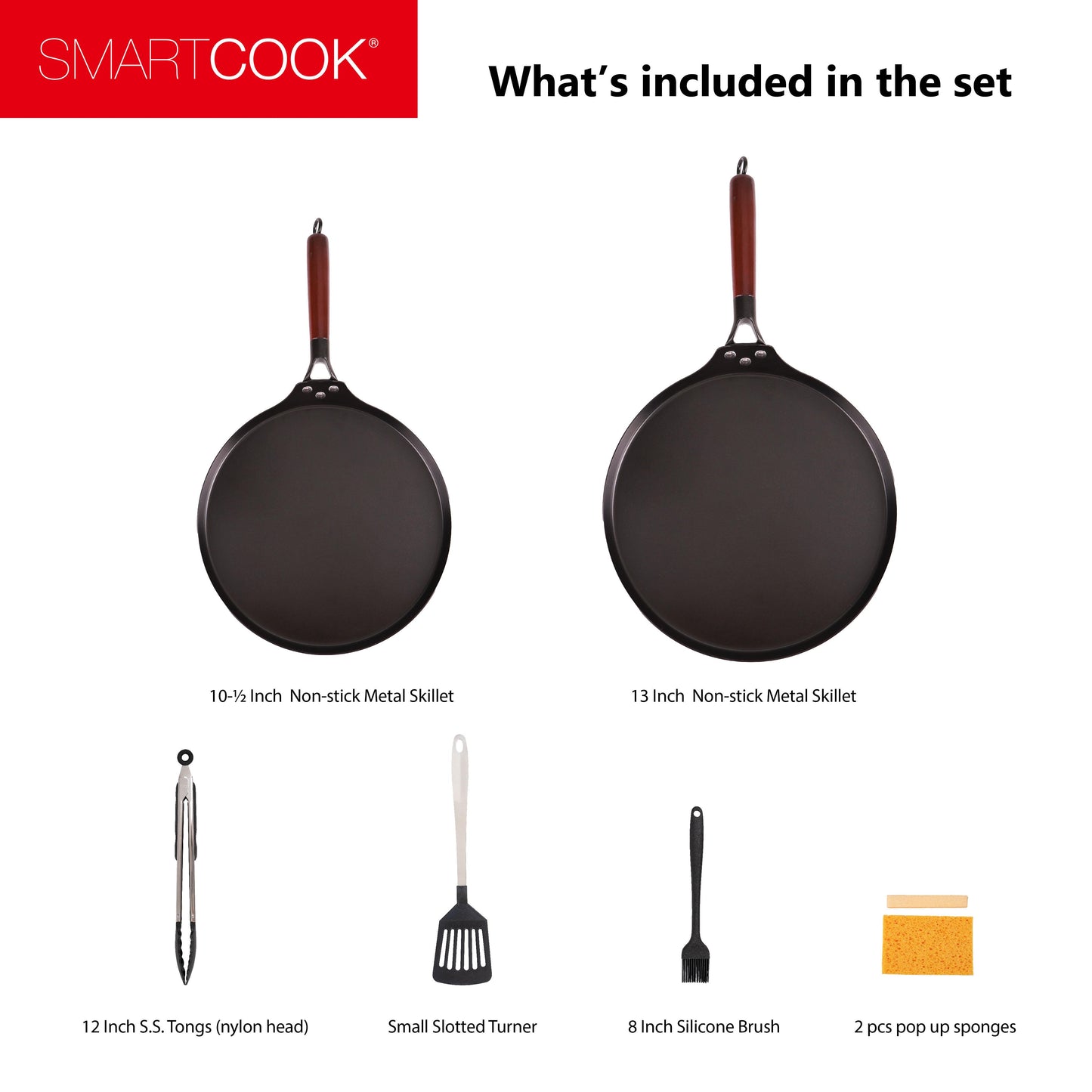 SmartCook 10", 13" Nonstick Carbon Steel Skillets and Utensils set , Durable, Foodi, Perfect for Stove-Tops, Non-Toxic Cookware Set, Griddle with Handle, Omelet Pan, Comal for Tortillas, Crepe Pan pots and