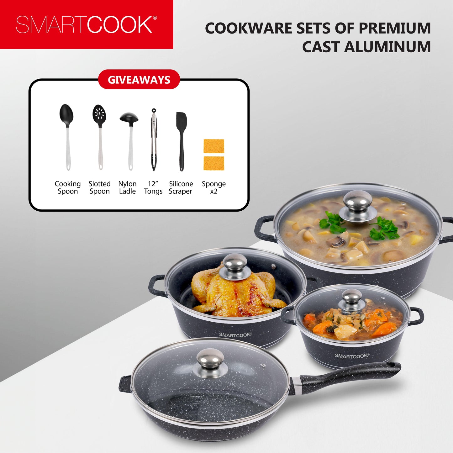 Smartcook Cookware Sets of Premium Cast Aluminum,Saucepan/Soup Pot , Pot, Oven Safe, Dishwasher-Safe,Cooking Set with Frying Pans,Kitchen Utensils Set,Tongs Nylon Heand , Spatula,Spoon, Lids, Nonstick, Ladle, Silicone granite kitchencookware pots and