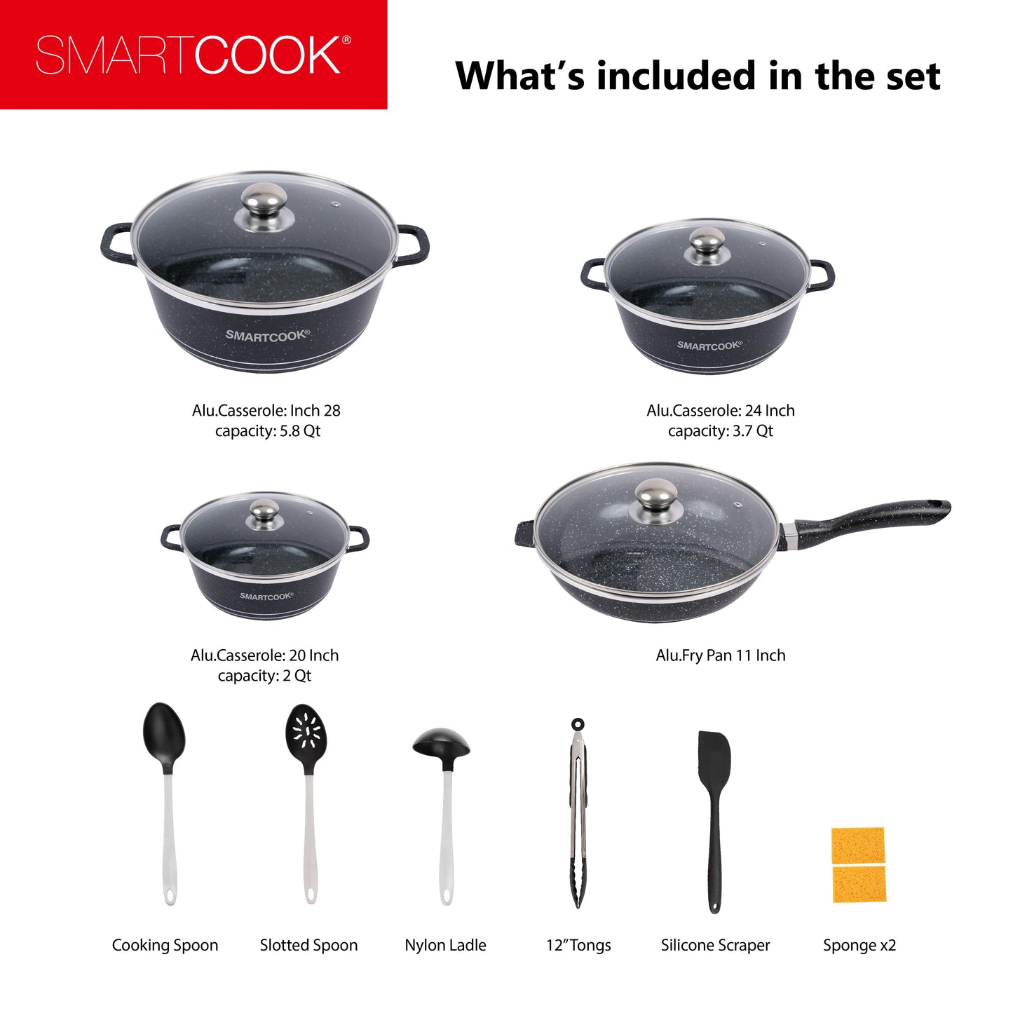 Smartcook Cookware Sets of Premium Cast Aluminum,Saucepan/Soup Pot , Pot, Oven Safe, Dishwasher-Safe,Cooking Set with Frying Pans,Kitchen Utensils Set,Tongs Nylon Heand , Spatula,Spoon, Lids, Nonstick, Ladle, Silicone granite kitchencookware pots and