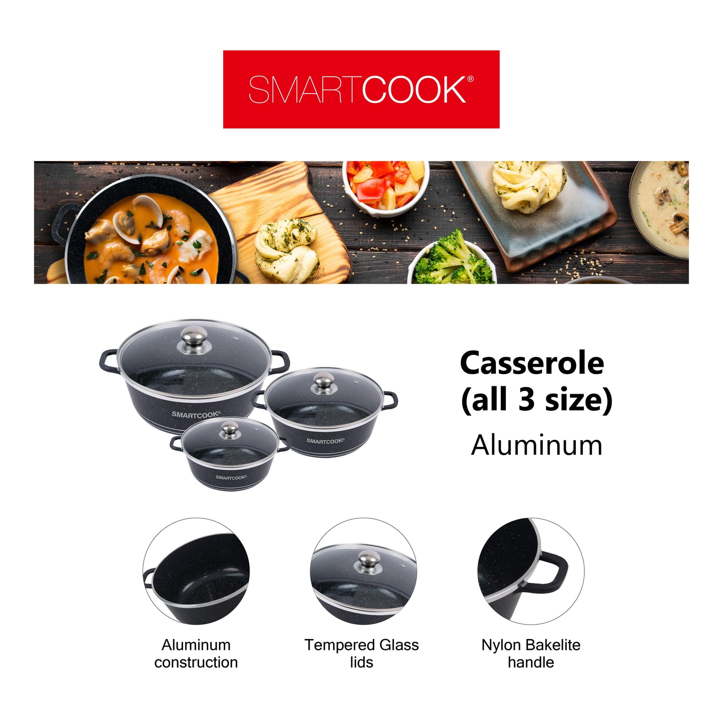 Smartcook Cookware Sets of Premium Cast Aluminum,Saucepan/Soup Pot , Pot, Oven Safe, Dishwasher-Safe,Cooking Set with Frying Pans,Kitchen Utensils Set,Tongs Nylon Heand , Spatula,Spoon, Lids, Nonstick, Ladle, Silicone granite kitchencookware pots and