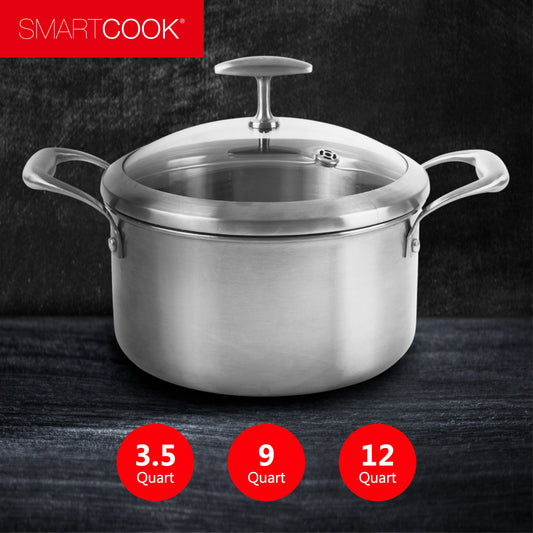 SmartCook Nonstick 2/3.5/9 Quart Stainless Steel Stock Pot/Pot/Stockpot/Soup Pot with Tempered Glass Lid - Chef's Classic Multipurpose Sauce Pot, Stay-Cool Handle, Compatible with All Stovetops, Dishwasher Safe