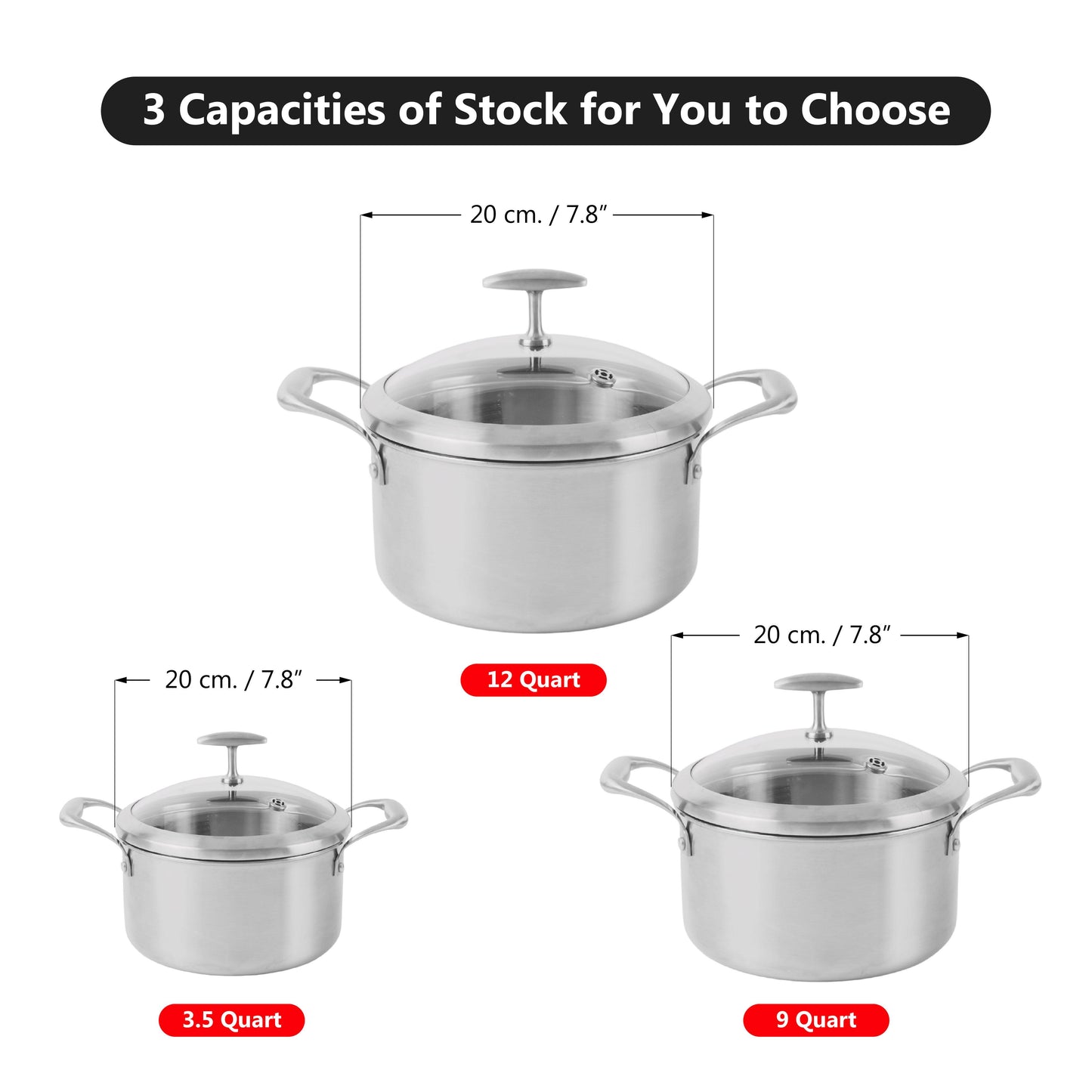 SmartCook Nonstick 2/3.5/9 Quart Stainless Steel Stock Pot/Pot/Stockpot/Soup Pot with Tempered Glass Lid - Chef's Classic Multipurpose Sauce Pot, Stay-Cool Handle, Compatible with All Stovetops, Dishwasher Safe