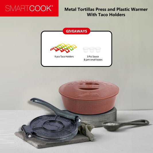 Smartcook Metal Tortillas Press 7 Inch and Plastic Warmer 8.6 Inch With Taco Holders, Rotis Press, Tortilla Makers, Tortilla Holder, Microwave Safe, Tortilla Server,Tortilla warmer with lid