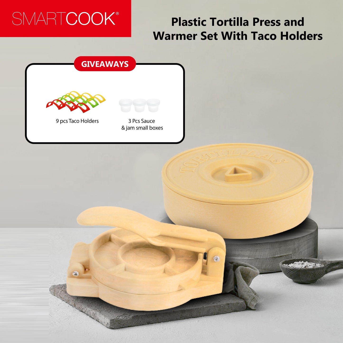 Smartcook Plastic Tortilla Press 6.5 Inch and Warmer 8 Inch Set With Taco Holders, Rotis Press, Tortilla Makers, Tortilla Holder, Microwave Safe, Tortilla Server,Tortilla warmer with lid