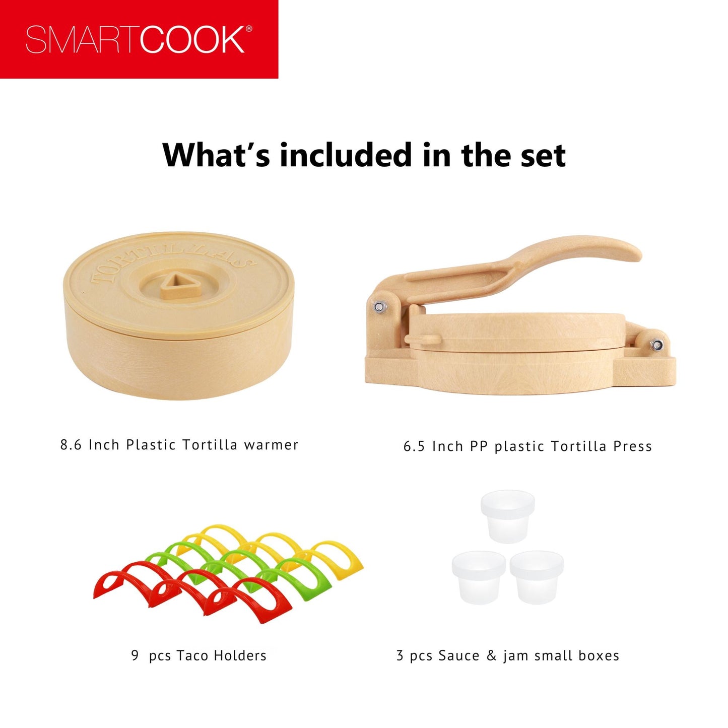 Smartcook Plastic Tortilla Press 6.5 Inch and Warmer 8 Inch Set With Taco Holders, Rotis Press, Tortilla Makers, Tortilla Holder, Microwave Safe, Tortilla Server,Tortilla warmer with lid