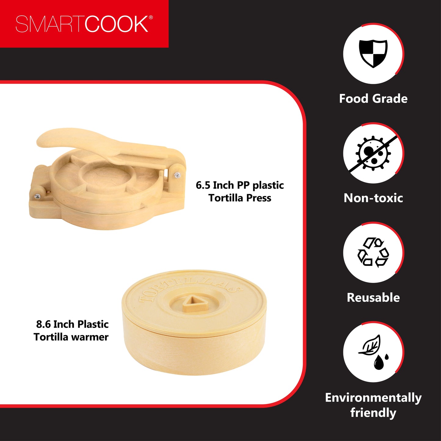 Smartcook Plastic Tortilla Press 6.5 Inch and Warmer 8 Inch Set With Taco Holders, Rotis Press, Tortilla Makers, Tortilla Holder, Microwave Safe, Tortilla Server,Tortilla warmer with lid