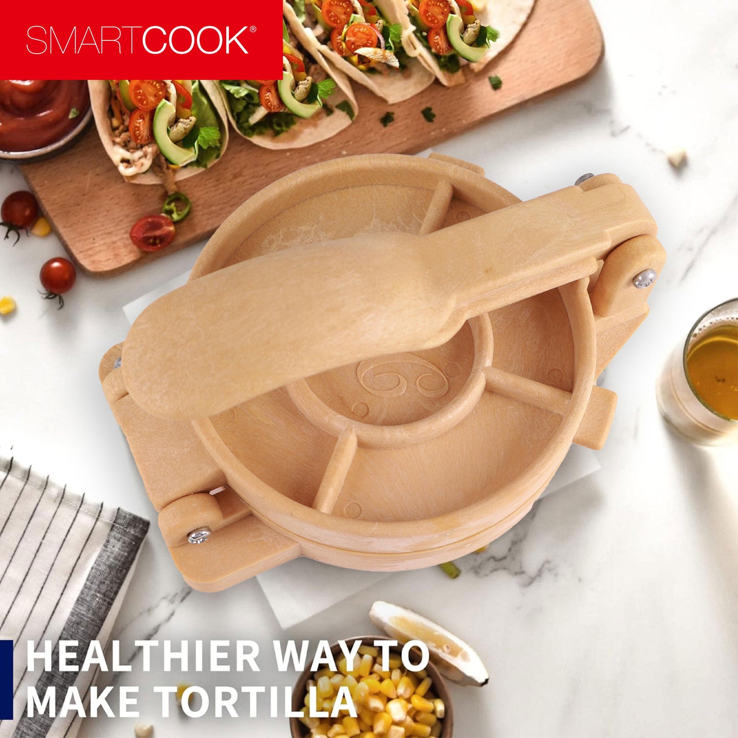 Smartcook Plastic Tortilla Press 6.5 Inch and Warmer 8 Inch Set With Taco Holders, Rotis Press, Tortilla Makers, Tortilla Holder, Microwave Safe, Tortilla Server,Tortilla warmer with lid