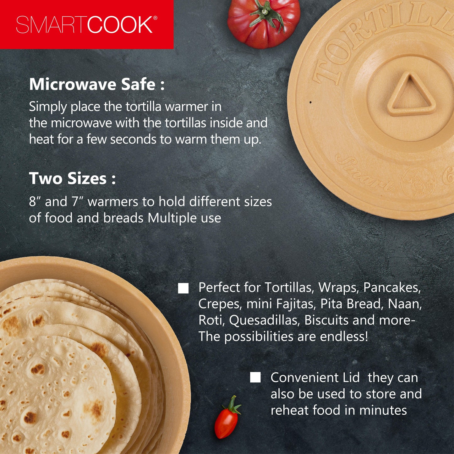 Smartcook 7.5",8.5" Plastic Tortillas Warmer Set with Taco holders, Rotis Press, Tortilla Makers, Tortilla Holder, Microwave Safe, Tortilla Server,Tortilla warmer with lid ,Kitchen Oven, Jam box